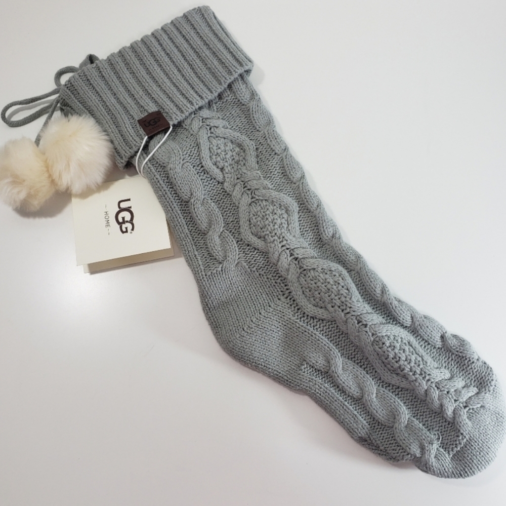 UGG Luxury Christmas Gray Cable Knit Stocking w/ Fuzzy Balls